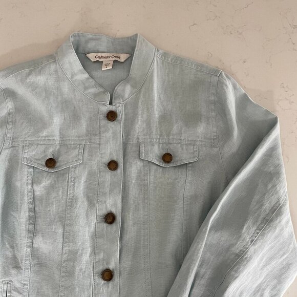 Coldwater Creek 100% Linen Button Down Jacket w Peplum Hem Powder Blue Sz S - Picture 3 of 9